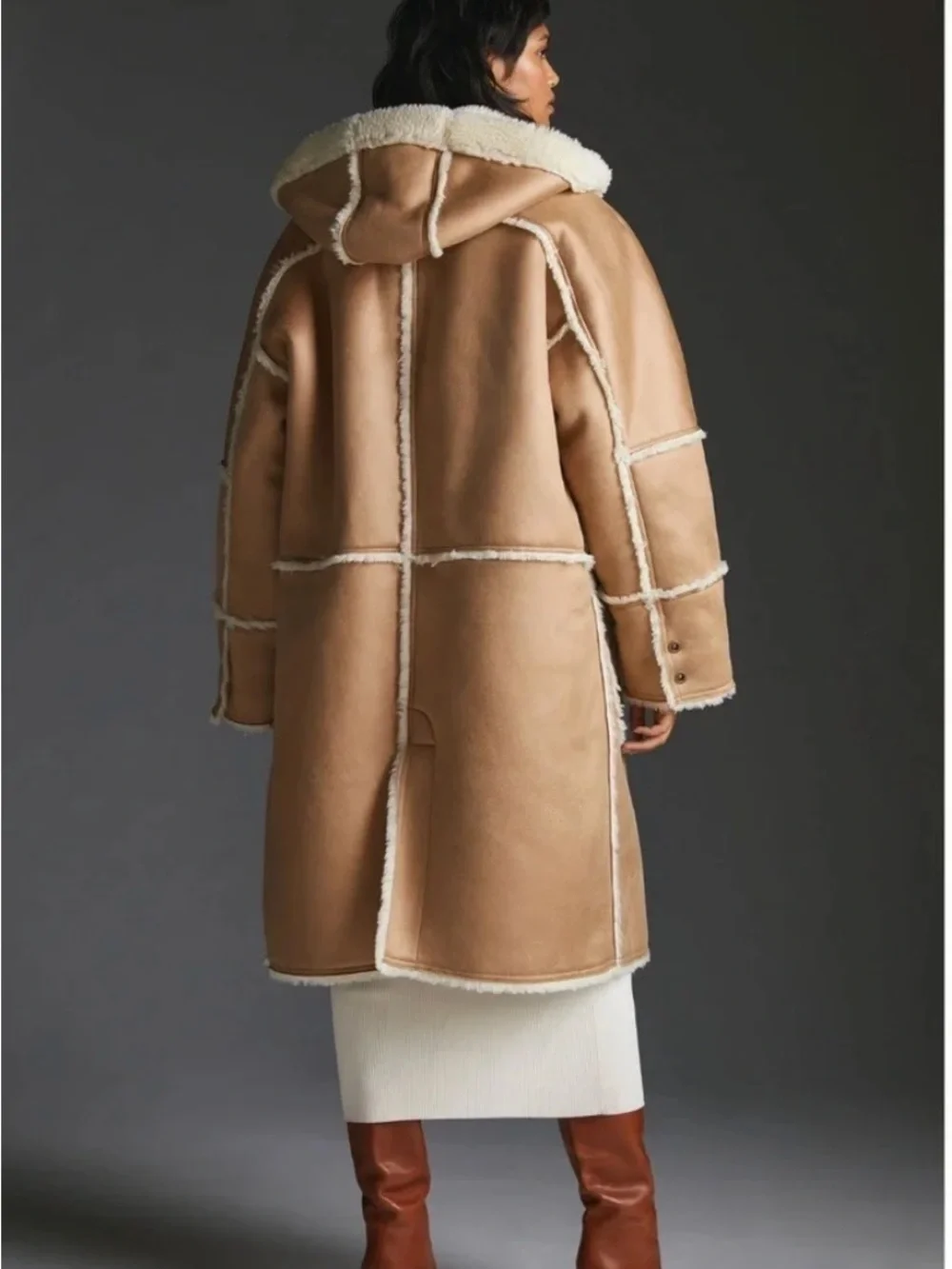 Anthropologie x Pilcro Hooded Sherpa Coat. Camel and Cream. Size Petite Small - Picture 3 of 14